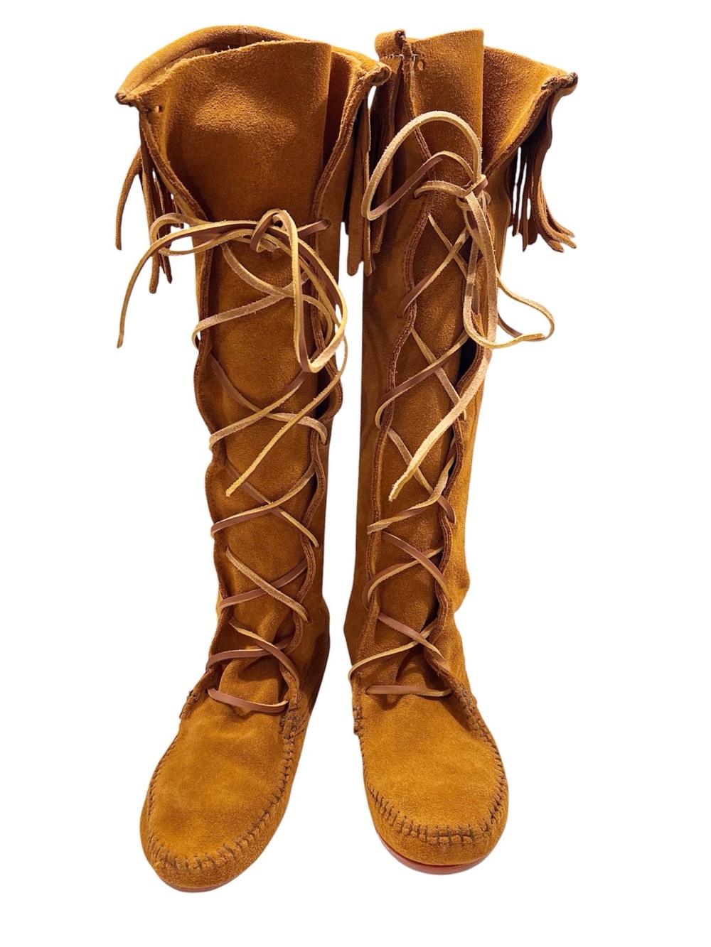 Minnetonka Women's 7 India Brown Suede Fringe Knee-High Lace-Up Moccasin Boots - Picture 3 of 8